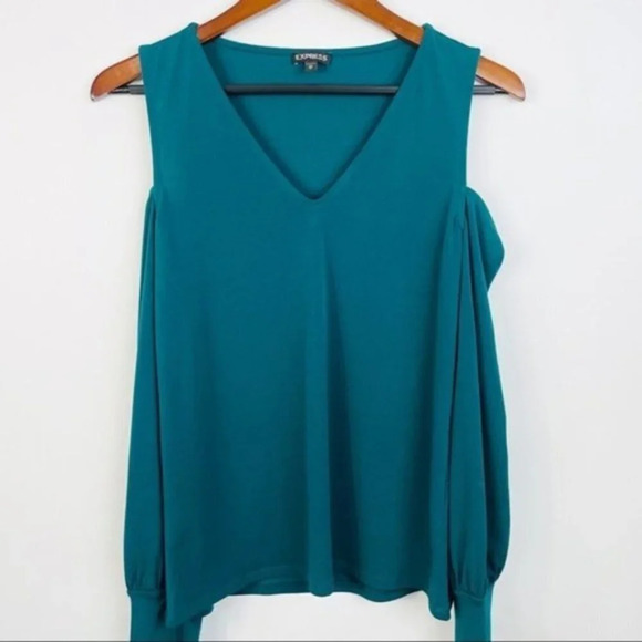 EXPRESS Green Cold‎ Shoulder Long Sleeve Top XS - Picture 5 of 9